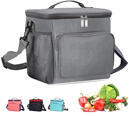 BOCHION Lunch Bag, 10L Thermal Picnic Lunch Bags with Adjustable Shoulder Strap, Easy Carying Leakproof Collapsible Cool Bags, Reusable Water-Resistant Tote Bag for Work, Camping, Office (Gray)