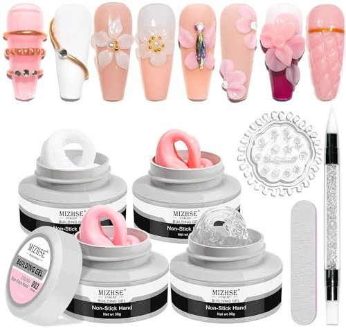 MIZHSE Nagellacklinie Solid Nail Glue Gel Set 4 Farben Solid Builder Gel Für Nägel Glue Gels Press on Nails, 3D Gels Nail Art mit Reibestreifen, Silikonmodelle Nagelstift, Fester Nagelkleber Für Tips