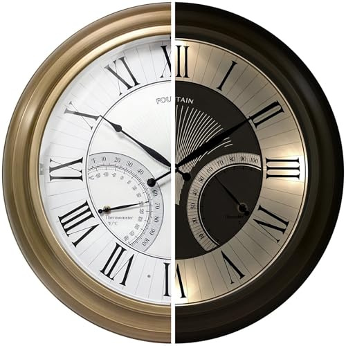 FOUNTAIN DESIGNS 24 Inch in/Outdoor Wall Clock with Temperature and Humidity Combo, Large Outdoor Clock for Patio Large Waterproof with Thermometer,Antique Hamilton Gold Metal