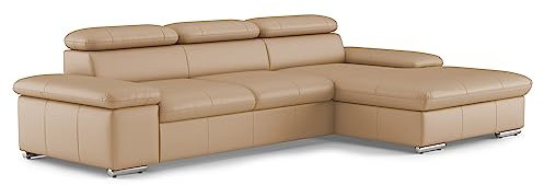CAVADORE Leder-Ecksofa Valerie mit XL-Longchair / Eckcouch mit Kopfteilverstellung, großem Longchair + Metallfüßen / 286 x 73 x 174 / Echtleder Beige
