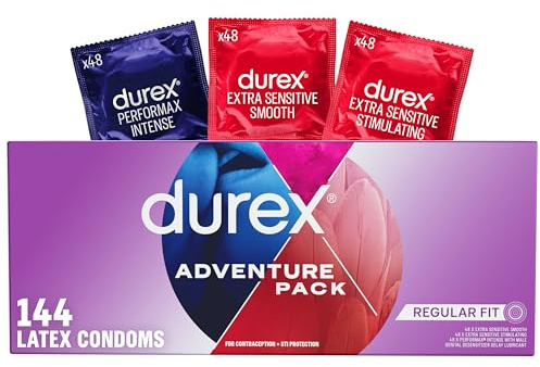 Durex Condoms Variety Adventure Pack, Mix of Durex Extra Sensitive Smooth & Stimulating & Performax Intense Ribbed & Dotted Latex Condoms, 144 Count