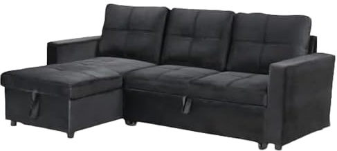 EASYMOBEL Sofá Cama Chaise Longue PAU, 215x135cm - Diseño Moderno, Almacenamiento, Negro en Terciopelo