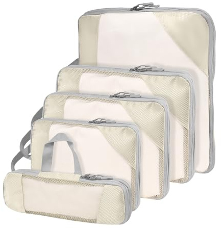 Cubi a compressione per valigie, set di borse organizer per bagagli, organizer leggeri per imballaggio, accessori da viaggio (set da 5, beige)