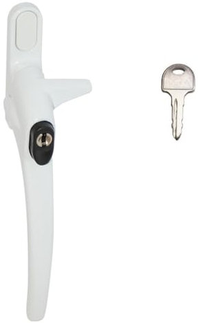 Fixrello Cockspur fönsterhandtag låsande fönsterlåsspärr för UPVC-fönster – med nyckel och skyddskåpa (vänsterhänt – 21 mm, vit)