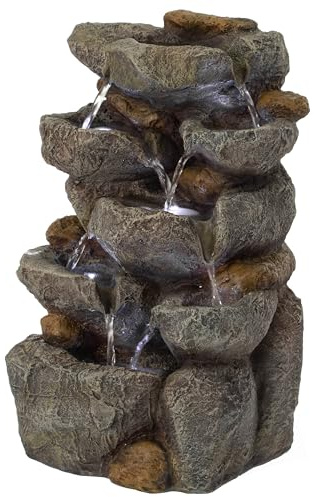 Cascading Electric Powered 8-Tier Rock Water Fountain with LED Lights 18.25 for Indoor and Outdoor Use