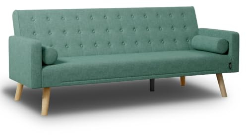 Nalui - Sofá Cama 3 Plazas Acolchado 203x82x78cm One Dots, 2 Cojines y Apertura Clic-Clac con Dif. Grados de Reclinación. Sofá Cama Chaise Longue con Patas de Madera Convertible en Cama Doble | Verde