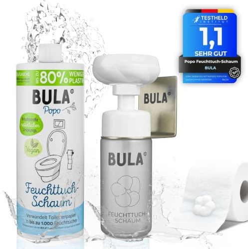 BULA® Popo Eco Glass Bundle | Wet Wipe Foam Starter Set | Design Glass Bottle (Empty) + Refill Bottle + Flower Foam Pump Including Holder | Sustainable Alternative for Baby and Toilet Wipes