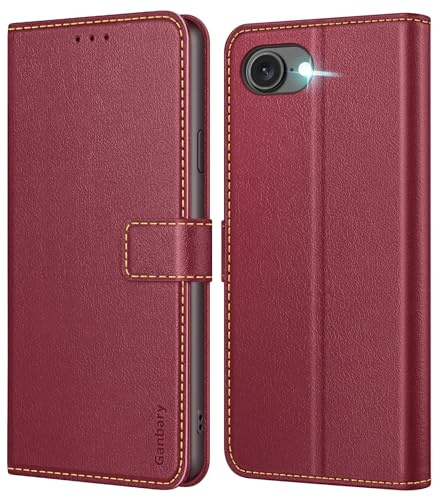 Ganbary Fodral kompatibelt med iPhone 16e/iPhone 17e, mobilfodral i PU-läder [fullt skydd] [kortplats][stativfunktion], vinröd
