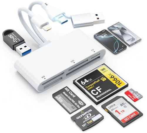 SD Card Reader 6-in-3 Memory Card Reader Type C/USB A/Lightnin to CF/XD/MS/Micro SD/SD USB3.0 5Gbps OTG Adapter with USB Port,Multi Memory Card Reader for iPad/Android/PC/Mac Support iOS/Windows/Linux