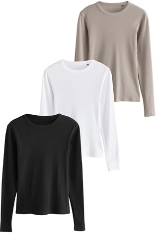 THE SET Femme T-Shirt côtelé à Manches Longues, Lot de 3 Noir/Taupe Marron/Blanc XL