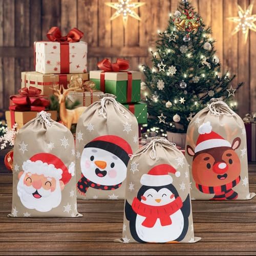Irich 4 Pack Medium Gift Bags for Christmas, 13.8'' X 19.7'' / 35 X 50 cm Santa Hessian Sack, Hessian Bags with Drawstring for Christmas Wedding Party Jewelry and DIY