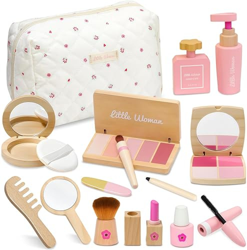 Set Trucchi Bambina in Legno Finti, Bacxzomx Finto Trucco Bellezza Salone con Trousse Cosmetici, Accessori Postazione Trucco Bimba, Giochi in Legno, Regalo Bambine 3 4 5 6 7 Anni