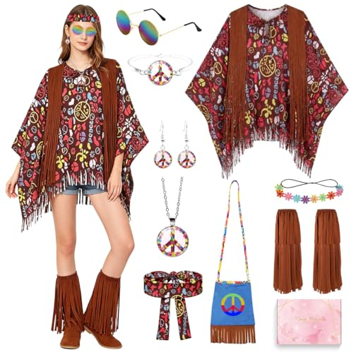 YYDSXK Deguisement Hippie Femme, Tenue Annee 70 et Accessoires, Jambières, Lunettes de Soleil, Poncho Hippie Carnaval, Costume Carnaval Femme Annee 70 Sdaptés Cosplay, Halloween, Fete Rétro