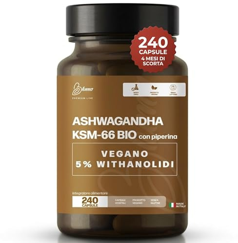 Ashwagandha KSM-66® con Piperina 240 Capsule 4 Mesi 600 mg al Giorno per Stress Cortisolo Sonno Focus Relax Equilibrio Mentale Benessere Psicofisico 5% Withanolidi Vegano