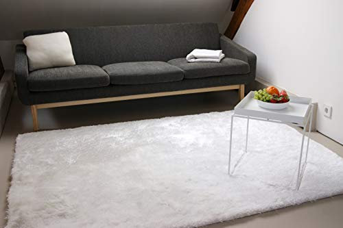 floor factory Exklusiver Hochflor Shaggy Teppich Satin weiß 80x150 cm - edler, seidig glänzender Teppich