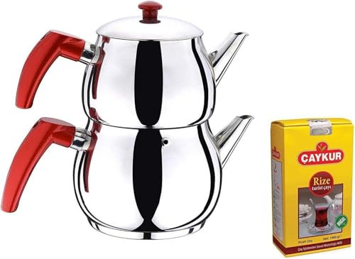 Caydanlik - Théière Turque en Acier Inoxydable - Grande Taille + Cadeau Gratuit 500 g de thé Noir Turc