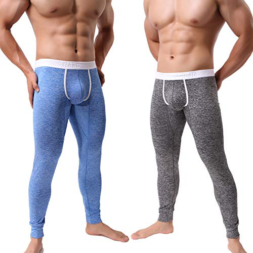 KAMUON Men’s Low Rise Pouch Underwear Pants Long Johns Thermal Bottoms Leggings (US L = Asian Tag XL : Waist 34-36, 2 Pack-Black/Blue #2)