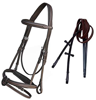 Exion Comfort Soft Lined Snaffle Hunter Jumping Bridle with Detachable Flash & Rubber Reins | Anatomical English Bridle for Horses (Havana, Over)