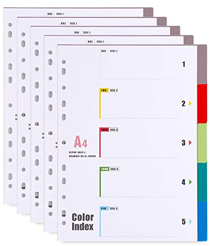 A4 File Dividers 5 Part Plastic Filing Subject Dividers (5 Pack) Multi-Colour Index Tabs with Multi Hole Punched & Content List for School Office Home