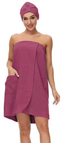 Verve Jelly Peignoir de bain enveloppant pour femme - Doux - Absorbant l'eau - Pour sauna, spa, douche - Élastique - Bonnet de séchage des cheveux, violet, M