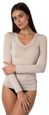 Lovable Maillot à Manches Longues avec col en V Profond et Finitions Invisibles – Modal et Cachemire élastique – Respirant, Chaud et Doux – Tricot pour Femme