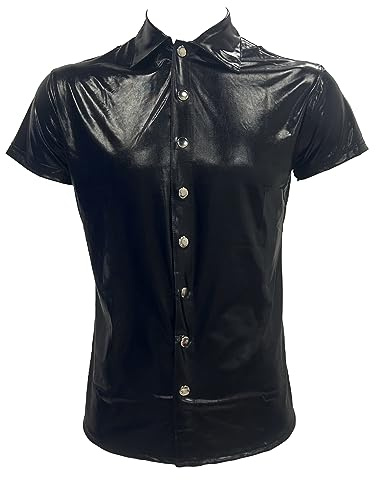 ZUYPSK Chemise en cuir à manches courtes pour homme - En cuir synthétique - Confortable - Coupe ajustée - Brillant - Haut musculaire - Clubwear, Noir , L