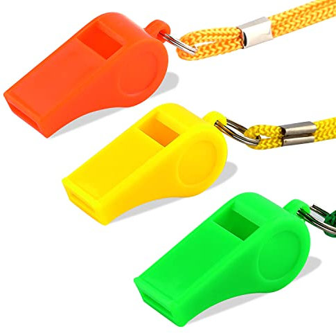 KINBOM 3 Pièces Sifflets en Plastique avec Cordon, Son Fort Sifflet de Sport en Entraînement Survie Urgence Sport pour Arbitre Entraîneur Dressage de Chiens (Jaune, Orange, Vert)