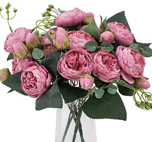 Veryhome 4 ramos de flores artificiales, peonías de seda, ramos de flores falsas, ramos de flores falsas, decoración de boda, mesa del hogar, cocina, oficina, jardín, vegetación nupcial (capullo