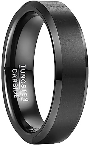 NUNCAD Men's Rings 6mm Black Tungsten Carbide Ring Simple Wedding Band with Beveled Edges for Men Size S