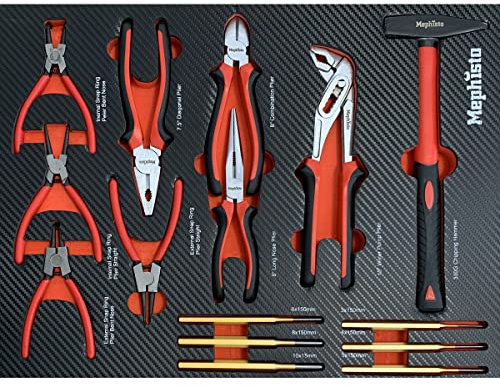 Mephisto Werkzeugeinlage Werkzeug Set Pro Line Werkstattwageneinlage Zangen Set mit Hammer und Durchschläge Seegeringzangen, Spitzzange, Kombizange, Wasserpumpenzange, inkl. Soft Inlay in Carbonoptik