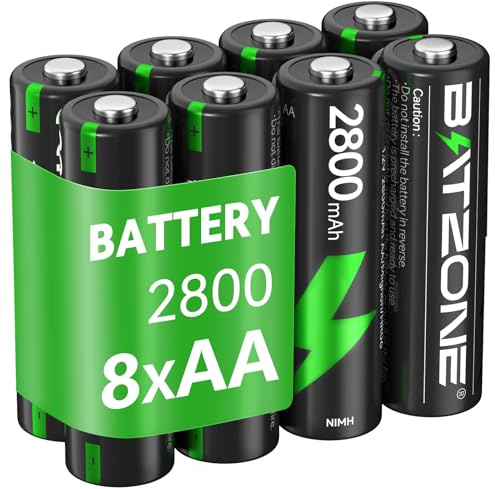 BATZONE 8 x AA Rechargeable Batteries, Ni-MH 2800mAh High Capacity AA Battery, 1200 Tech Ni-MH Batteries, Low Self-discharge 1.2V AA, with Battery Protection Boxe