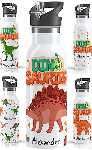 OWLBOOK® Edelstahl Trinkflasche Kinder personalisiert | Wasserflasche mit Strohhalm | 600 ml | Sportdeckel | Spülmaschinenfest | Schule Schulanfang Jungen Geschenke Einschulung Junge | Stegosaurus