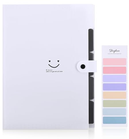 SKYDUE Fächermappe, Dokumententasche A4 Mit Bunten Labeln, Erweiterbar Ordner Mappen Ordnersystem Mit Druckknopf, Dokumentenmappe Für Büro Hause Schulalltag (Weiß, 5 Tasche)