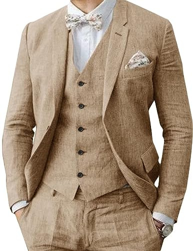 Abito da uomo in lino 3 pezzi formale da uomo d'affari blazer pantaloni abito con risvolti a tacca matrimonio testimoni dello sposo abbigliamento per feste, cachi, 52