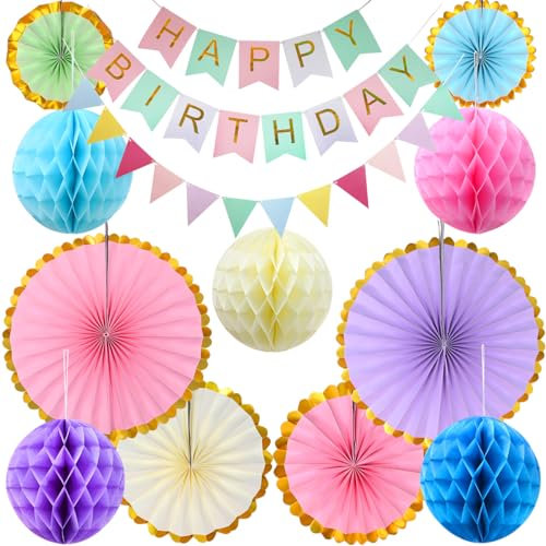Pastel Birthday Party Decorations Kit, Hanging Macaron Paper Fans, Honeycomb Balls, Pastel Happy Birthday Banner, Bunting Banner for Birthday Party Decoration