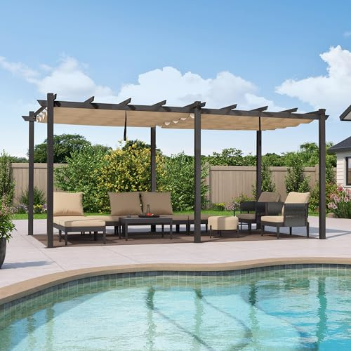 PURPLE LEAF Gazebo Pergola 3,5 x 5,5 M Alluminio Pergolato da Giardino con Tetto ha Scomparsa Per Giardino Pergolati Terrazzo e Attività Commerciale, Cachi chiaro