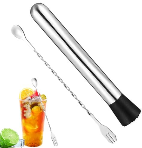 YATEICBC 2 PCS Mortaio e pestello per Cocktail in Acciaio Inox,Cucchiaio per Vino,Miscelatore per Mojito, tritaghiaccio,Miscelatore per Cocktail,Cucina,Bar,Ristorante Mortaio e pestello per Cocktail