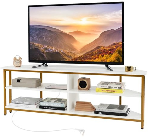 COSTWAY TV Stand with Charging Station for TVs up to 60 Inches, Corner TV Cabinet Media Entertainment Center with Storage Shelves, 140cm TV Unit Console Table for Living Room Bedroom (White+Gold)