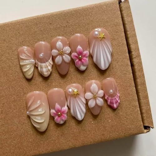 Press On Nails - Medium Almond Handmade Unique Fake Nails, Artistic Design, Thick Acrylic and Muti-Layer Gel False Nails (Size S)
