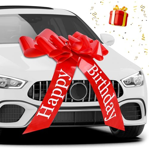 GIBOHOM Grands Noeud Cadeau de Voiture, Gros Noeud Cadeau 76 cm, Grand Nœud Rouge Auto-assemblable Réutilisable pour Voiture, Vélo, Noël, Mariage, avec Ventouse et 4 Petits Noeuds (Happy Birthday)