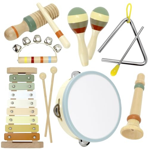 Baby Musical Instruments Montessori Wooden Toys for Toddlers, Neutral Colors Percussion Instruments Set, Modern Boho Xylophone Tambourin