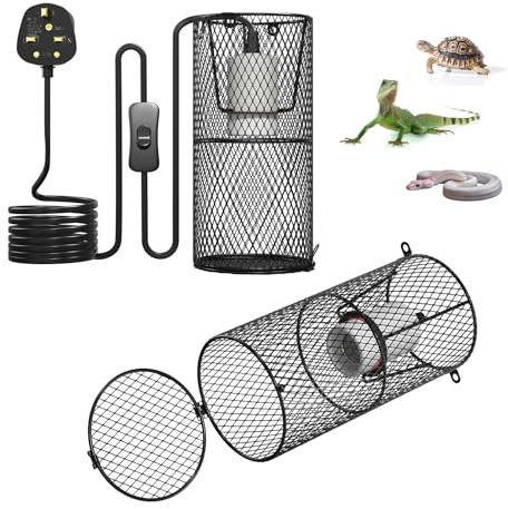 GlowUp 2Pack Reptile Heat Lamp Holder with Cage, E27 Ceramic Heat Lamp Lampshade Holder, Anti Scald Bracket Mesh Cage 200W Reptile Light Fixture with ON/Off Button for Bearded Dragon Lizard Snake