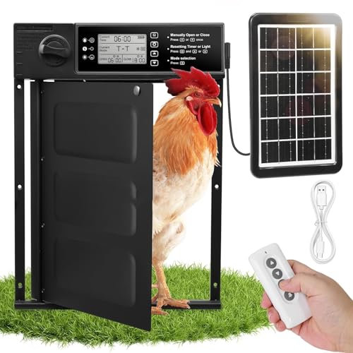 Dibaful Aluminum Automatische Hühnerklappe Solar mit Fernbedienung Schaltuhr Lichtsensor | Wasserdicht Elektrische Hühnerstall Türöffner | Elektrisch Automatisch Hühnertür Hühner Einklemmschutz