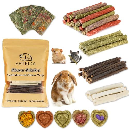 ARTKIDA 70PCS Rabbit Bunny Guinea Pig Chew Toys Treats, Chinchilla Hamster Chews Toys for Teeth, Timothy Hay Chips Treats Sticks for Rabbit Guinea Pig Chinchilla Hamster Rat