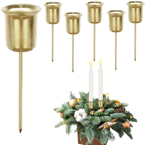 Set di portacandele per corona dell'Avvento - 6 portacandele in metallo a forma di fiore con gambo corto,corona di Natale, candele a bastoncino, piattini per candele, decorazioni natalizie (oro)