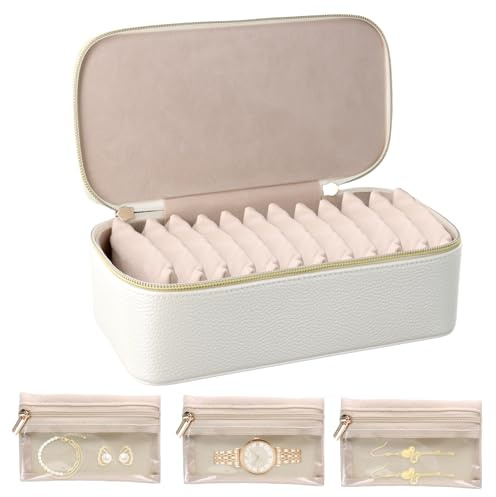 Ziyonix Joyero de Viaje con Manija, Portátil Joyero de PU Grano de Lichi con 12 Bolsillos Transparentes de Terciopelo Organizador de Joyas de Viaje para Aretes Anillos