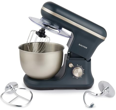 Salter Marino Impastatrice Planetaria - 1200W, 6 velocità, ciotola in acciaio inox da 5L, paraschizzi, frusta, gancio impastatore e mescolatore, blu/grigio