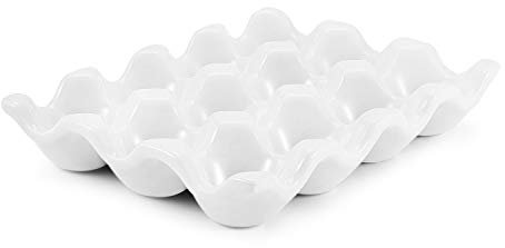 Flexzion 12 Eggs Ceramic Egg Holder, 12 Porcelain Egg Tray Storage Box, Non-Slip Egg Plate, Egg Holder, Egg Carrier Egg Box for Home, Kitchen, Fridge, Restaurant, White