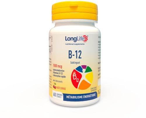 LongLife® B12 1000 mcg | Vitamina B12 | Formula esclusiva sublinguale ad alto dosaggio | Elevato assorbimento | 2 mesi di trattamento | 60 tavolette | Vegano e senza glutine