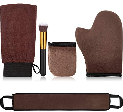 Boao 5 Pieces Self Tanning Mitt Applicator Kit, Includes Tanning Mitt, Exfoliating Glove, Mini Face Glove, Back Lotion Applicator, and Large Brush Makeup(Brown)